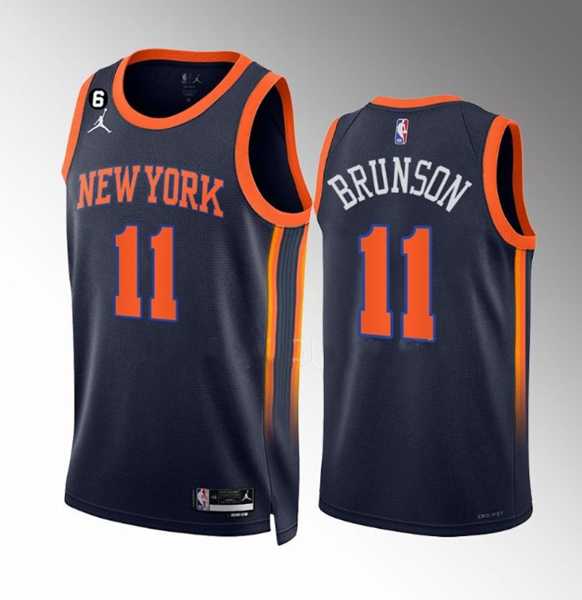 Mens New Yok Knicks #11 Jalen Brunson Navy Statement Edition With NO.6 Patch Stitched Basketball Jersey Dzhi->new york knicks->NBA Jersey